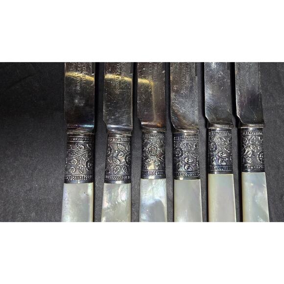 Mother of Pearl Fruit Knives Set of 6 Sterling Ferrule India Stainless Blades - Picture 3 of 10